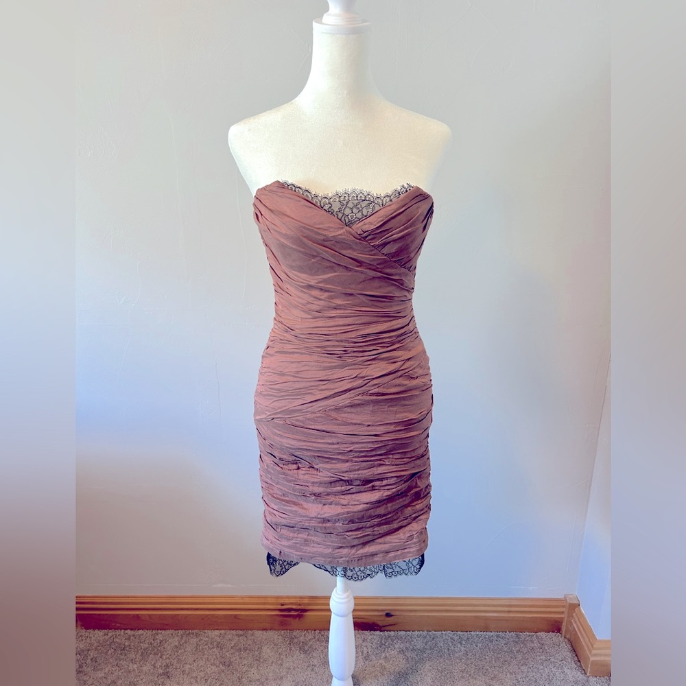 BCBG Max Azria sexy, fitted, strapless cocktail dress. Purple-mauve, black lace.